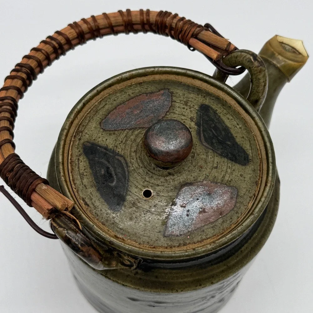 Vintage Japanese Studio Pottery Teapot 3 Cup Set Wabi Sabi Reed Cane Handle
